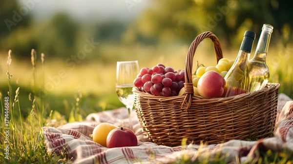 Fototapeta Elegant picnic scene with fruit wine and basket amidst lush greenery creating a serene summer outing atmosphere capturing refreshing outdoor lifestyle with healthy and delicious