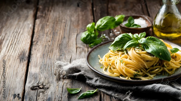 Fototapeta Delicious spaghetti with fresh pesto sauce and basil leaves on a vintage wooden table a culinary masterpiece capturing the essence of Italian cuisine in a rustic setting food