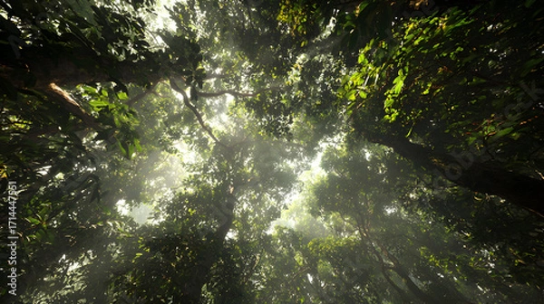 Fototapeta Mystical Forest Canopy with Sunlight Streaming Through Verdant Foliage Creating a Serene Natural Ambiance in a Dense Woodland Ecosystem Ideal for Conservation Imagery