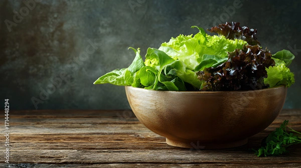 Fototapeta Fresh Salad Delight Organic Green Lettuce Bowl on Rustic Wooden Table for healthy culinary concept and culinary inspiration featuring leafy vegetables and raw ingredients for