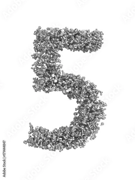 Obraz 3D render of silver or grey alphabet make from bolts. small number 5 with clipping path. Isolated on white background