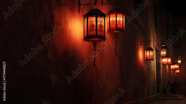 Fototapeta Illuminated lanterns glow warmly along a textured building wall creating an evocative and atmospheric evening scene ancient middle east architecture and old fashioned lighting
