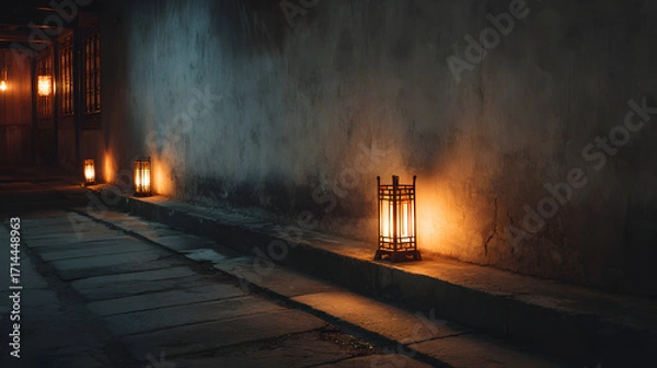 Fototapeta Illuminated pathway featuring traditional lantern lights in a darkened urban environment casting shadows with rustic textured walls evoking a sense of timeless architecture and