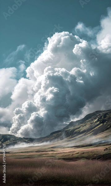 Fototapeta Majestic volcanic landscape showcasing natures power with billowing smoke clouds and rugged terrain a breathtaking vista of mountains and sky highlighting the serene yet dynamic