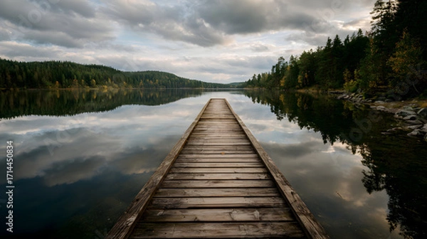 Fototapeta Scenic Lakeside View From Wooden Pier Serene Water Reflection and Forest Landscape Capturing Nature's Beauty Calm Lake Under Cloudy Sky Perspective into the Distance