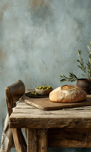 Fototapeta Rustic still life with crusty bread olives olive branches served on a rough wooden table evoking culinary heritage and a Mediterranean lifestyle ideal for food photography or