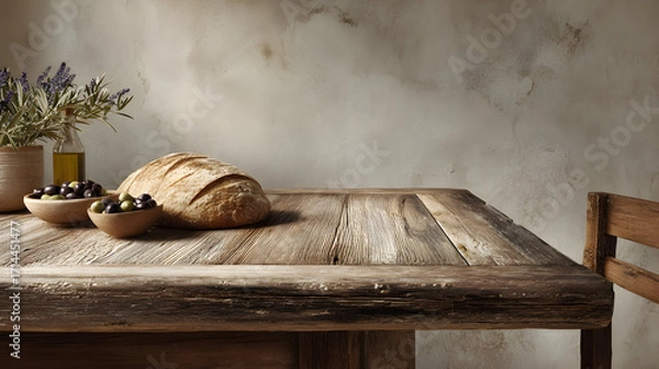 Fototapeta Rustic still life featuring a loaf of bread olives and lavender on a weathered wooden table showcasing the simple elegance of wholesome ingredients and countryside charm