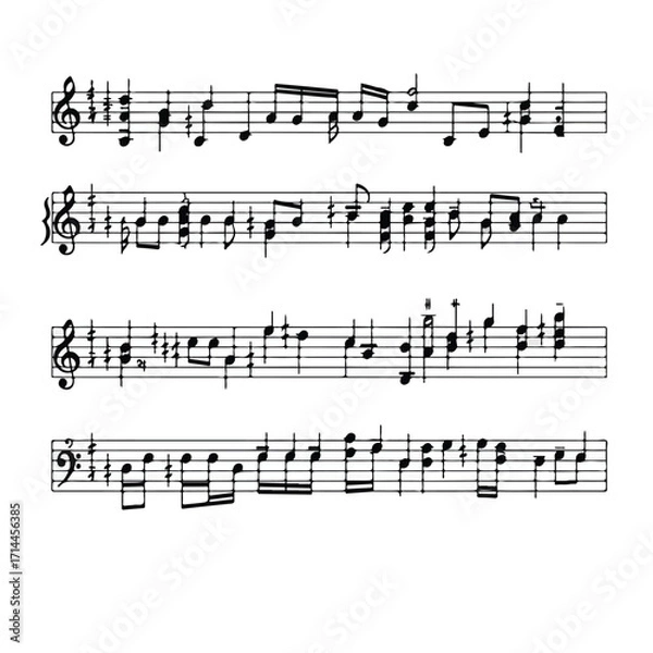 Fototapeta Music notation sheet with notes, treble and bass clef, and time signature