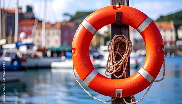 Obraz Orange life preserver at harbor