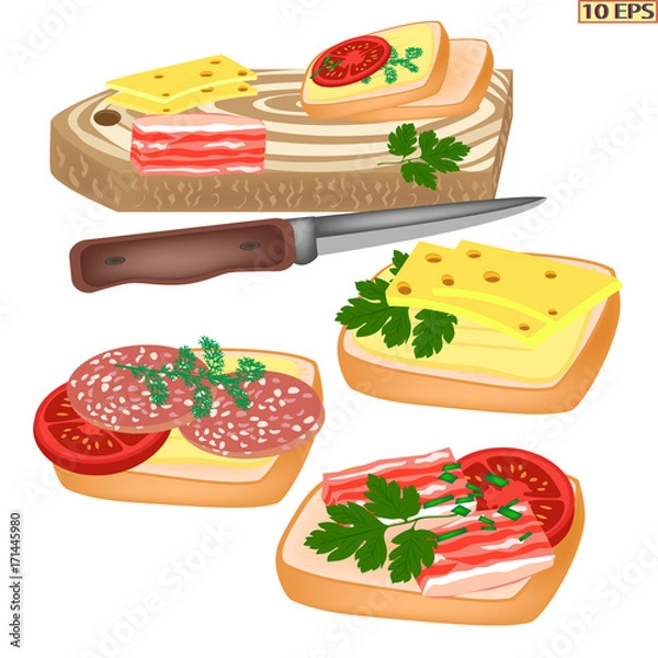 Obraz Delicious sliced bacon pieces. Delicious sliced bacon pieces. Sandwich with bacon. Sandwich with sausage. Sandwich with cheese and tomatoes. Bread with lard. Dill, parsley. Vector illustration.
