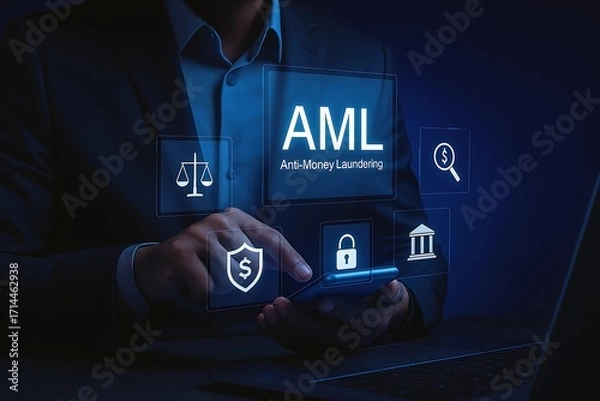 Fototapeta Anti-Money Laundering (AML) Business Concept – Professional Using Digital Interface with Financial Security and Compliance Icons