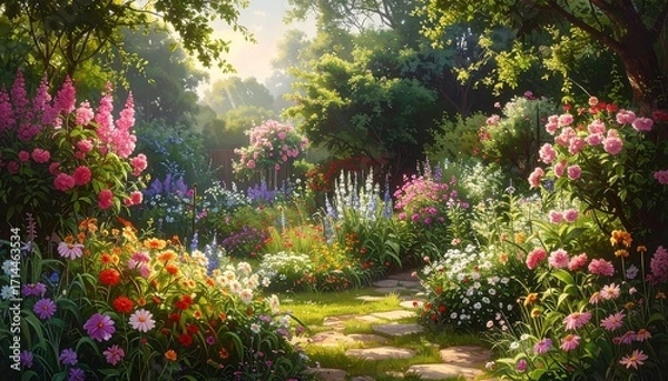 Fototapeta A Colorful Garden Path Blossoming with Delightful Flowers