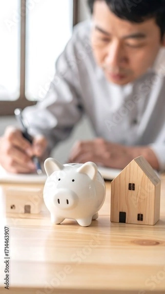 Obraz Focused man planning finances with piggy bank and house models