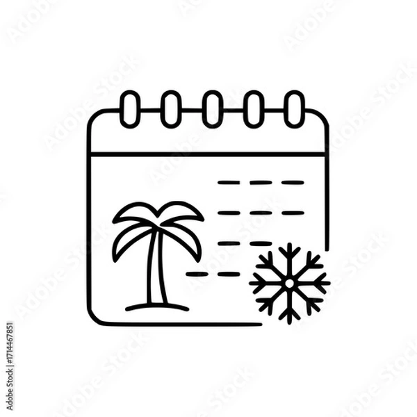 Fototapeta Outline icon of calendar representing Christmas at sea with palm tree  
