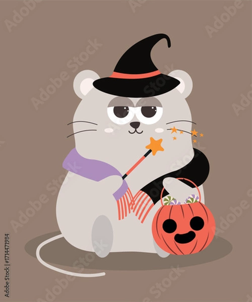 Fototapeta Flat Design Boo Illustration with a Lazy Mouse Wearing a Scarf, Magic Hat, and Holding a Bag Candy 