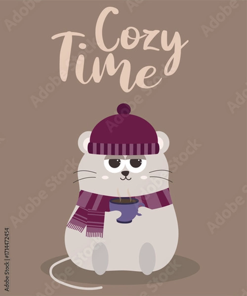 Fototapeta Flat Design Cozy Time Illustration with Lazy Mouse Wearing Scarf and Hat Holding Coffee Cup 