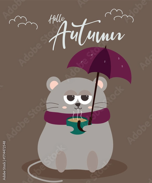 Fototapeta Flat Design Hello Autumn  Illustration with Lazy Mouse Wearing Scarf and Holding Coffee Cup,  Umbrella
