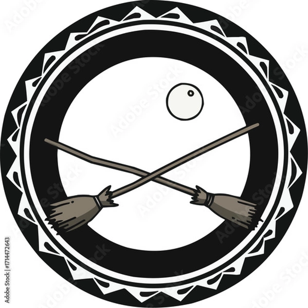 Fototapeta Circular Gothic Badge with Witch’s Broom and Full Moon