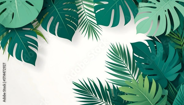 Fototapeta Vibrant green tropical monstera and palm leaves forming a decorative frame on a white background