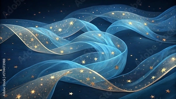 Fototapeta Abstract flowing blue ribbons with shimmering golden sparkles on dark background