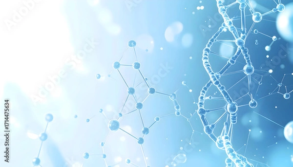 Fototapeta 3D rendering of a DNA double helix and molecular structures on a futuristic blue background