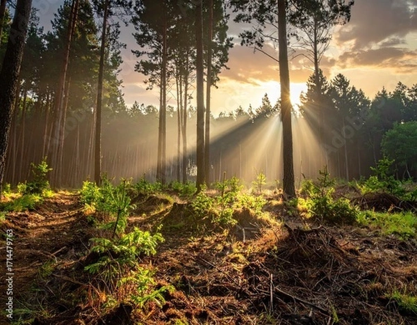 Obraz Sunrise in Pine Forest with Crepuscular Rays