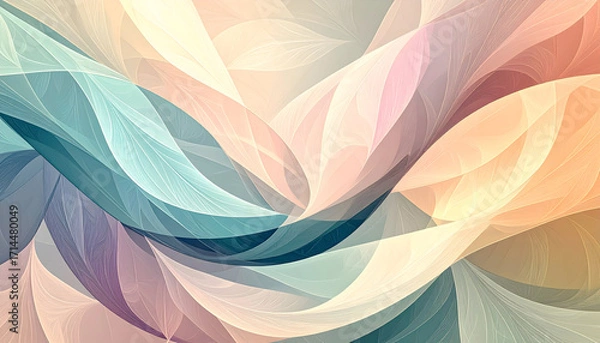 Fototapeta Abstract background of flowing, translucent leaf-like shapes in a soft pastel color palette