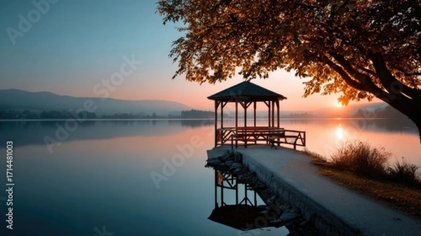 Fototapeta Serene Lakeside Gazebo at Sunset: A tranquil gazebo stands gracefully on a pier, its silhouette mirroring the breathtaking sunset over a calm lake. The warm hues paint the sky.