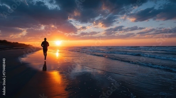 Fototapeta Running into the Horizon: A solitary runner silhouetted against the vibrant hues of a seaside sunset, capturing the essence of freedom, fitness, and the beauty of coastal landscapes.