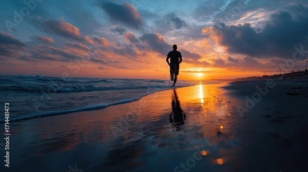 Fototapeta Silhouette Runner at Sunset: A lone runner charges along a wet sandy beach at sunset, silhouetted against a canvas of vibrant colors, embodying the pursuit of goals and personal wellness. 