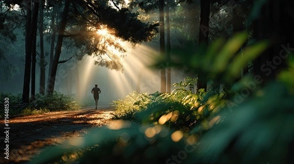 Fototapeta Serene Trail Runner Embracing Sunlight: A lone runner finds solace and energy on a forest trail bathed in the ethereal glow of sunlight filtering through the trees.
