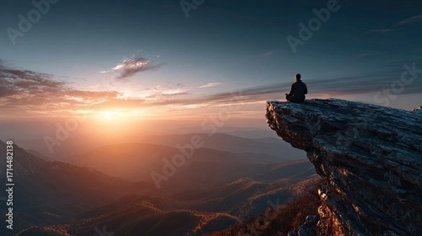 Fototapeta Serene Contemplation at Sunset: A solitary figure finds peace atop a mountain peak, meditating as the sun dips below the horizon, casting a warm glow over the tranquil landscape.
