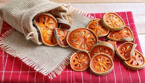 Fototapeta Dried citrus slices in burlap sack