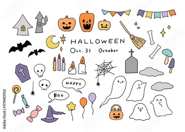 Obraz ハロウィンのおばけとかぼちゃのイラストセット
