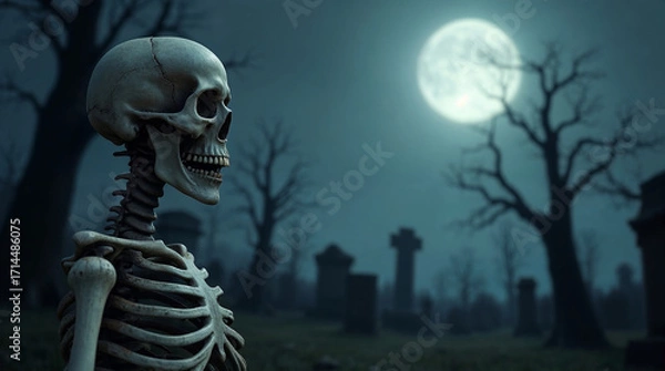Fototapeta Spooky graveyard scene of skeleton in cemetery at night backdrop background with space for text overlay