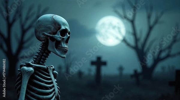 Fototapeta Spooky graveyard scene of skeleton in cemetery at night backdrop background with space for text overlay