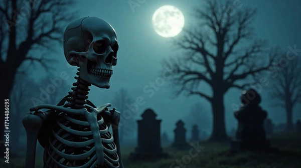 Fototapeta Spooky graveyard scene of skeleton in cemetery at night backdrop background with space for text overlay