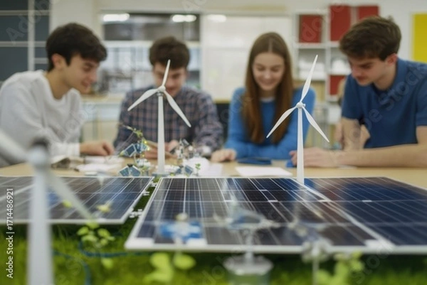 Fototapeta Students collaborate on renewable energy project using solar panels and wind turbines