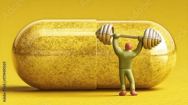 Fototapeta conceptual illustration of a capsule with a small, stylized person inside, lifting a dumbbell. The image is a visual metaphor for the supplement's role in providing energy and strength for a 