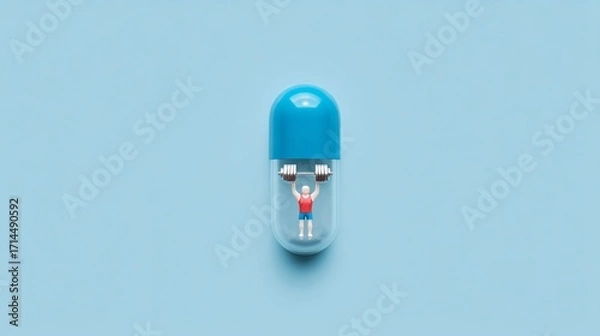 Fototapeta conceptual illustration of a capsule with a small, stylized person inside, lifting a dumbbell. The image is a visual metaphor for the supplement's role in providing energy and strength for a 