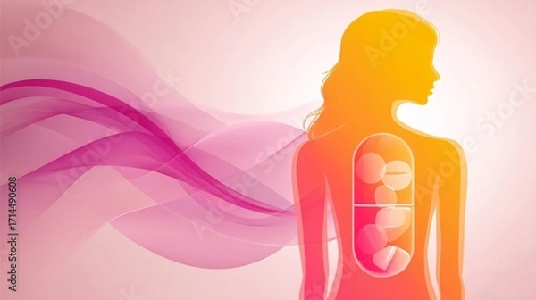 Fototapeta illustration showing a transparent, human-shaped outline. The outline is filled with a flowing, vibrant liquid of various colors, representing the nutrients from capsules being absorbed by the 