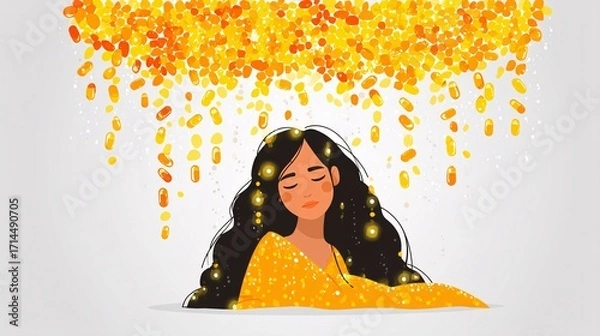 Fototapeta surreal illustration where a person is sleeping peacefully. Above them, a cloud-like formation of soft, glowing capsules floats, with small, ethereal rays of light descending and covering the 