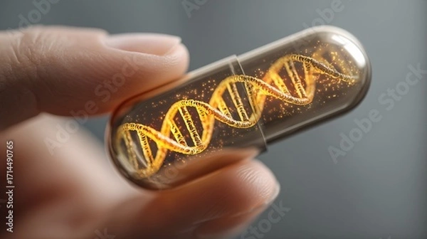 Fototapeta illustration of a hand holding a single, transparent capsule with a glowing, stylized DNA helix inside. The image connects the supplement directly to the cellular and genetic level, representing 