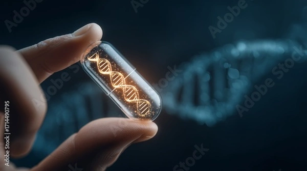 Fototapeta illustration of a hand holding a single, transparent capsule with a glowing, stylized DNA helix inside. The image connects the supplement directly to the cellular and genetic level, representing 