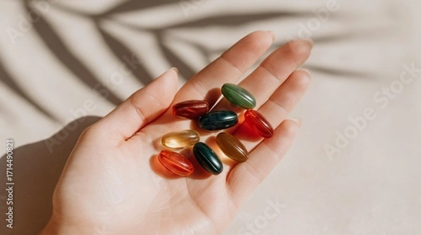 Fototapeta adult holding colorful supplement capsules in open palm against a clean, white background. Bright natural lighting and soft shadows. Minimalist composition with copy space on the left. [Human]:[Capsul