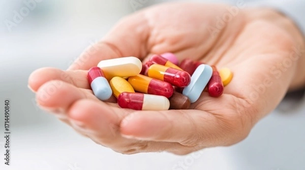Fototapeta adult holding colorful supplement capsules in open palm against a clean, white background. Bright natural lighting and soft shadows. Minimalist composition with copy space on the left. [Human]:[Capsul
