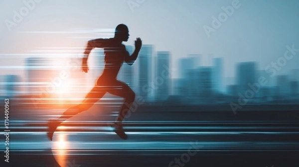 Fototapeta man mid-run with energy capsules digitally illustrated trailing behind him, blending motion and health technology. Urban background with sunrise light. Copy space in sky area. [Human]:[Capsules] 