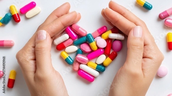 Fototapeta lay of various colorful capsules arranged in heart shape on clean table, with hands of a healthy person reaching toward them. White background with open space above. [Human]:[Capsules] capsules 