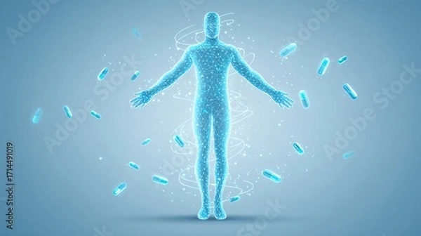 Fototapeta illustration of healthy human silhouette with capsules orbiting around the body, highlighting internal wellness and supplement interaction. Light blue gradient background with copy space. [Human]:[Cap