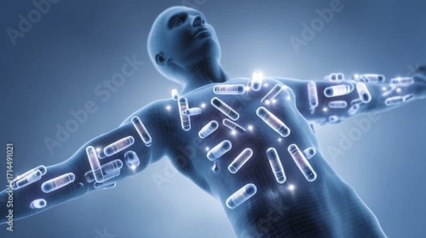 Fototapeta illustration of healthy human silhouette with capsules orbiting around the body, highlighting internal wellness and supplement interaction. Light blue gradient background with copy space. [Human]:[Cap